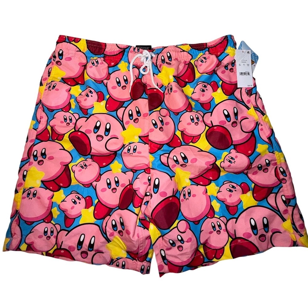 Kirby Nintendo Mens Swim Trunks Pink Blue All Over Print Board Shorts Size M NEW